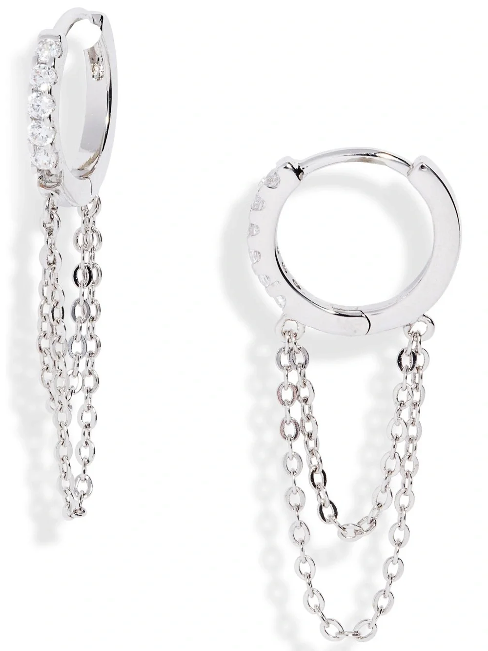 Nordstrom Chain Drop Huggie Hoop Earrings Silver Tone Platinum Plated NWT